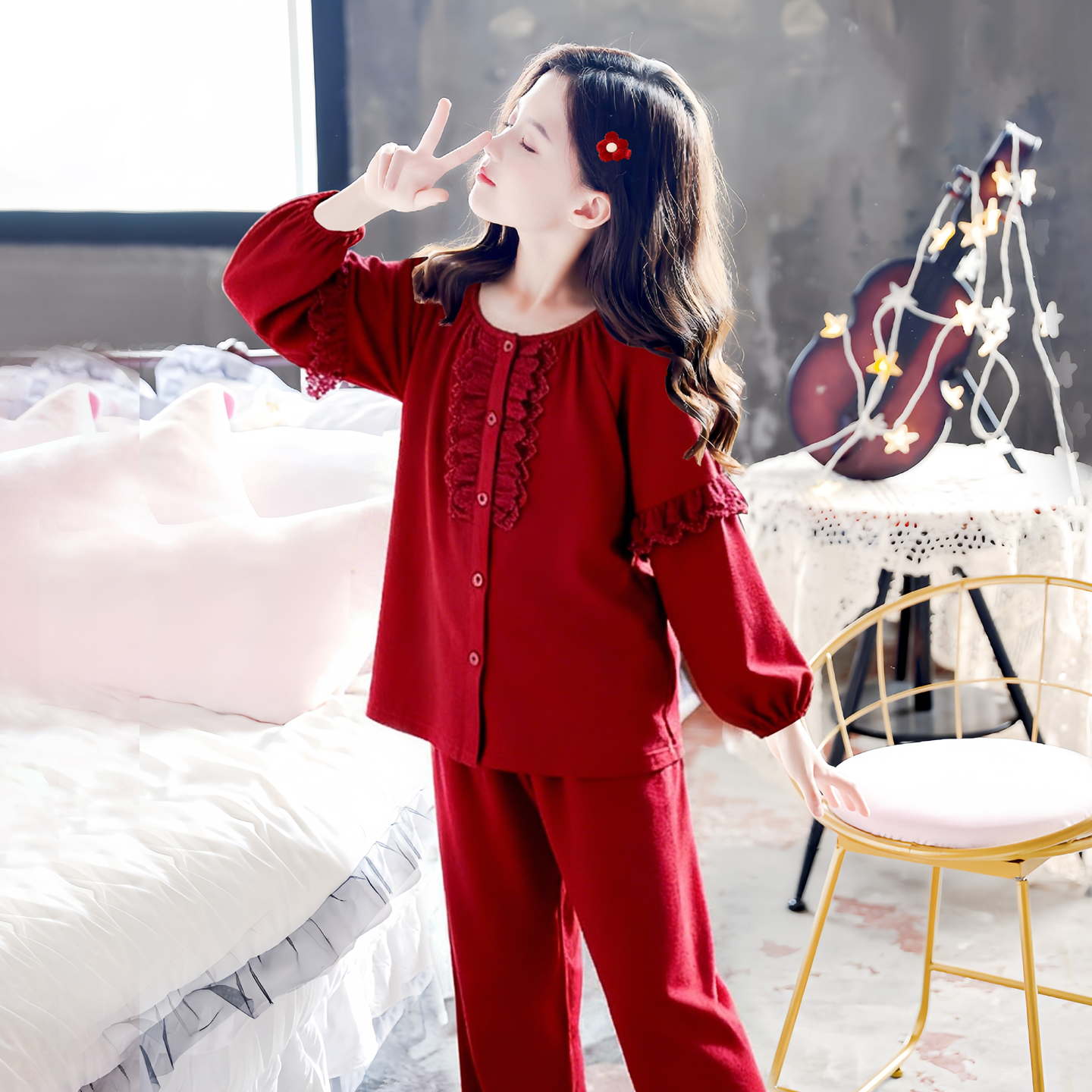 2026年新款红色睡衣女童纯棉长袖甜美蕾丝本命年套装家居服可外穿,淘宝优惠券,粉丝福利购,淘宝优惠卷