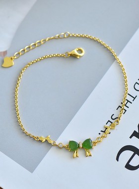 天然玉石s925银镀金镶和田玉俄料菠菜绿碧玉蝴蝶结手链时尚女礼物