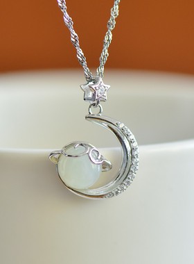 天然玉石s925银镶和田玉圆鼓面星月吊坠白玉银镀金镶玉女项链礼物