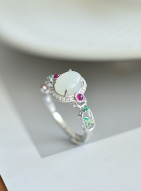 天然玉石s925银镀金2色镶和田玉白玉蛋面珐琅戒指圈口可调节女戒