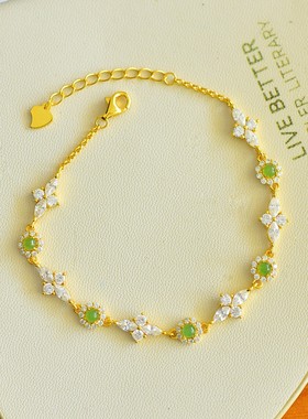 天然玉石s925银镀金镶和田玉碧玉手链镶嵌钻石漂亮时尚女友礼物