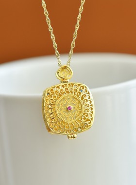 天然玉石s925银镶和田玉方形香囊吊坠精品白玉银镀金项链可打开