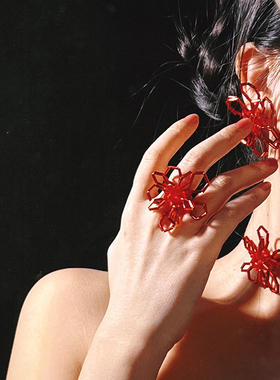 悦己原创复古红花三件套戒指耳环