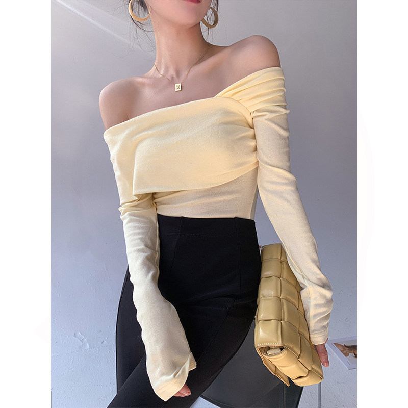 斜肩露肩长袖t恤女设计感小众不规则打底紧身短款一字肩春秋上衣,淘宝优惠券,粉丝福利购,淘宝优惠卷