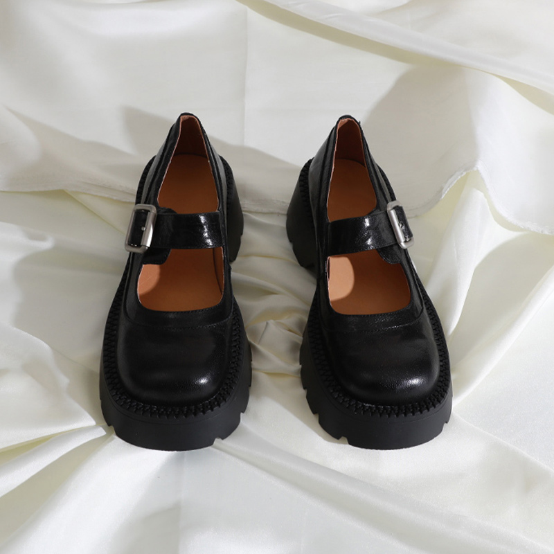 莲花府邸2025春季简约复古圆头浅口玛丽珍鞋百搭学院风厚底松糕鞋 - 图1