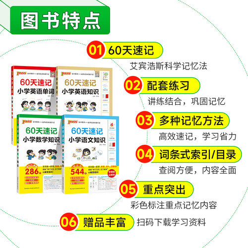 2024新版pass绿卡60天速记小学语文知识小学语文数学英语单词词汇小升初知识总复习艾宾浩斯记忆法小升初真题强化训练重点知识大全-图0