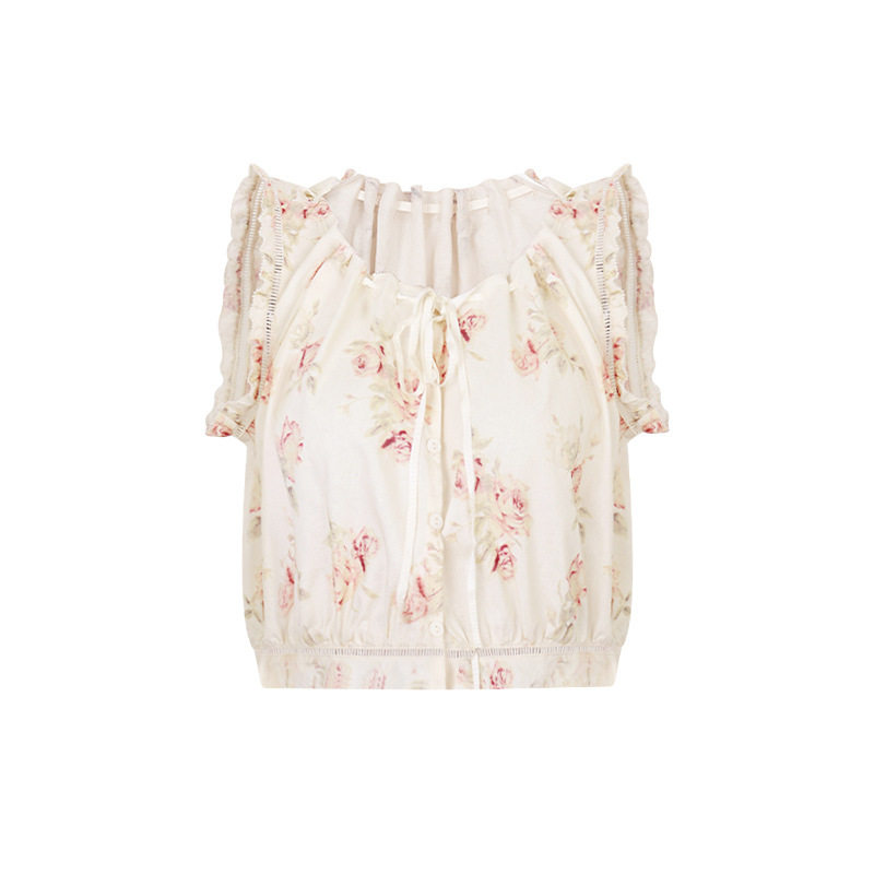 大姐姐 假日公主 法式一字肩/小背心 轻透短款碎花上衣