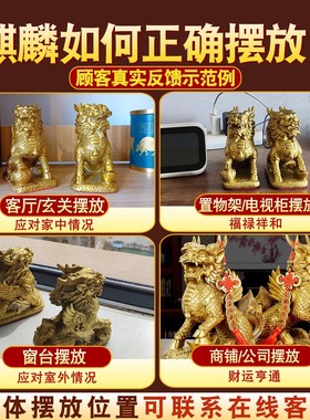 风水阁黄铜公母麒麟摆件客厅店铺