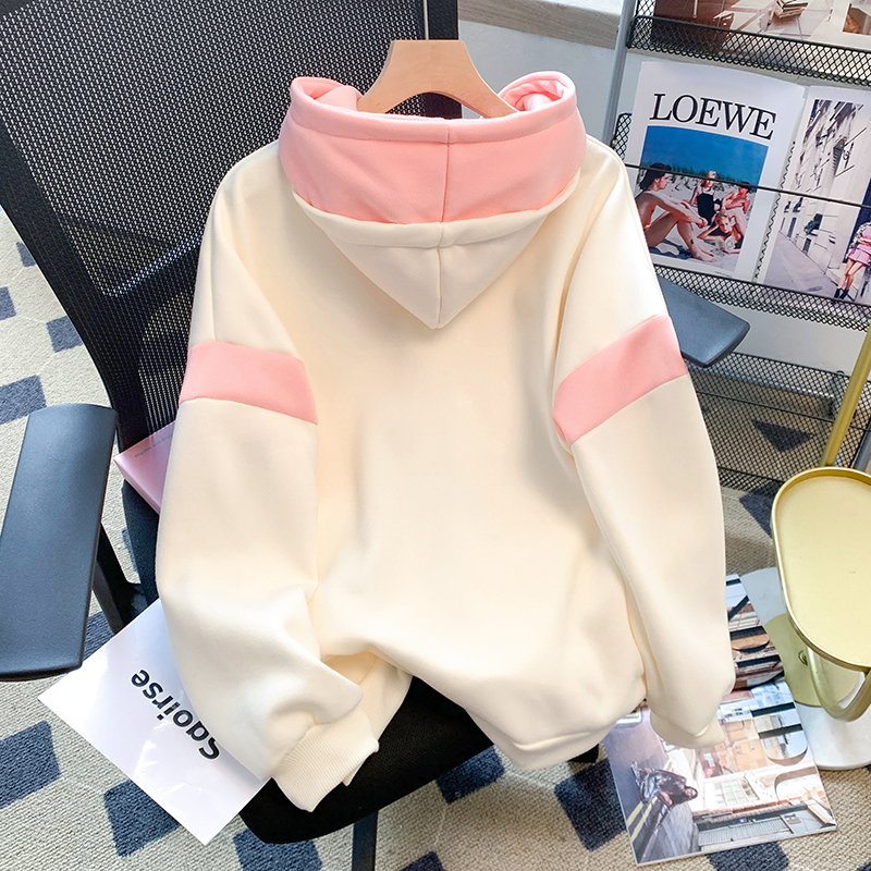 大码爱心字母印花连帽卫衣女小众百搭撞色拼接上衣减龄加绒连帽衫 - 图1