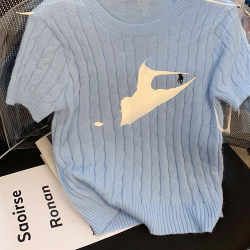 捡漏~出口外贸尾货女装雾霾蓝短袖针织衫T恤小香风法式短款上衣夏 - 图2