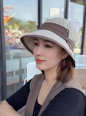 新款春秋速干帽拼色珍珠优雅出行遮阳帽时尚百搭显脸小渔夫帽女士