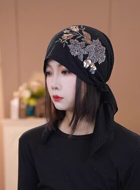 春秋冬刺绣钉珠包头帽休闲百搭中老年遮白发防风护头保暖飘带帽女