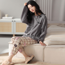 Sleepwear Lady Spring Autumn Season Long Sleeve Long Pants Pure Cotton Round Collar Minimalist Casual Sleeve Head 2023 New Exterior Wearing Home Clothing