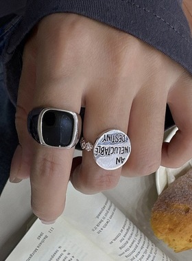 黑色方块滴釉戒指女简约时尚百搭气质S925镀银开口指环ins食指戒