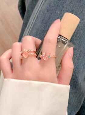甜酷粉色爱心戒指女气质叠戴花环个性S925银开口指环网红食指戒潮