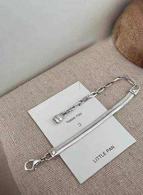 几何挂锁吊坠手链女韩版时尚个性蛇骨链不对称S925银手环网红手饰