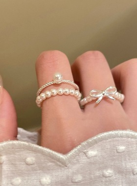 蝴蝶结仿珍珠串珠戒指女韩版气质ins风小众S925镀银指环食指戒潮