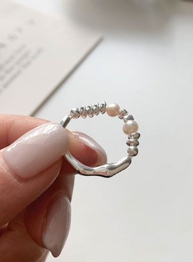 几何不规则弧形戒指女手工串珠弹力S925银碎银指环ins网红食指戒
