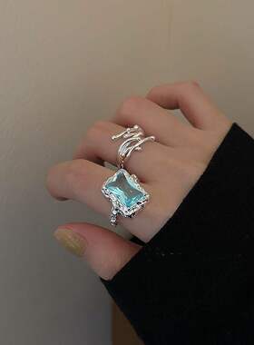 日韩S925银蓝色锆石戒指女复古时尚个性线条交叉开口指环食指戒潮