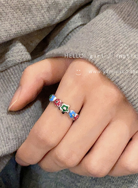 珐琅滴釉彩色花朵开口戒指女小众设计高级感S925镀银食指戒指环