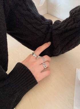 韩版S925银甜美星月戒指女复古时尚个性爱心开口指环嘻哈食指戒潮