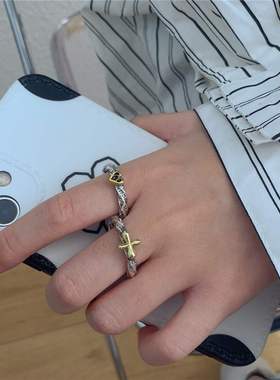 日韩s925涂鸦十字架爱心戒指女
