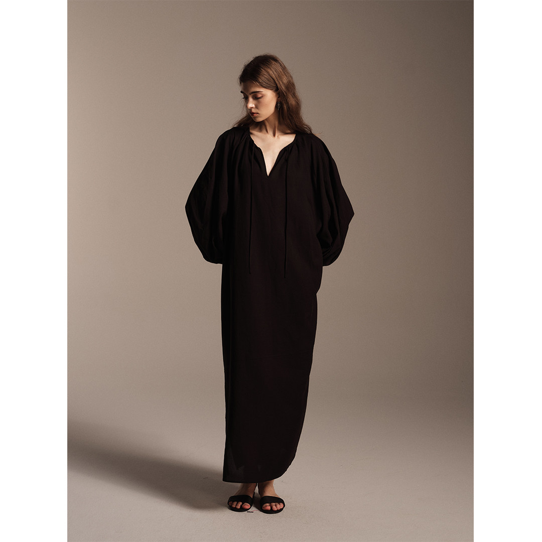 SOFTSELF雾绒诗秋季新款显瘦百搭黑色法式泡泡袖连衣裙女高级感