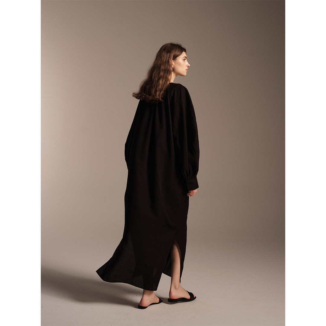 SOFTSELF雾绒诗秋季新款显瘦百搭黑色法式泡泡袖连衣裙女高级感