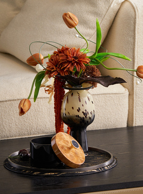 复古英式田园风格奶油风芬顿玻璃花瓶茶几圆形托盘香薰珠宝罐摆件