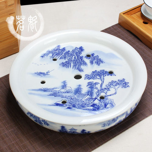 陶瓷茶盘茶船茶海大号12寸圆形茶台青花瓷功夫茶具白瓷茶盘储水盘 - 图0