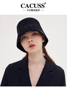 CACUSS麂皮绒刺绣渔夫帽女秋冬韩版潮水桶帽显脸小百搭遮阳帽子女