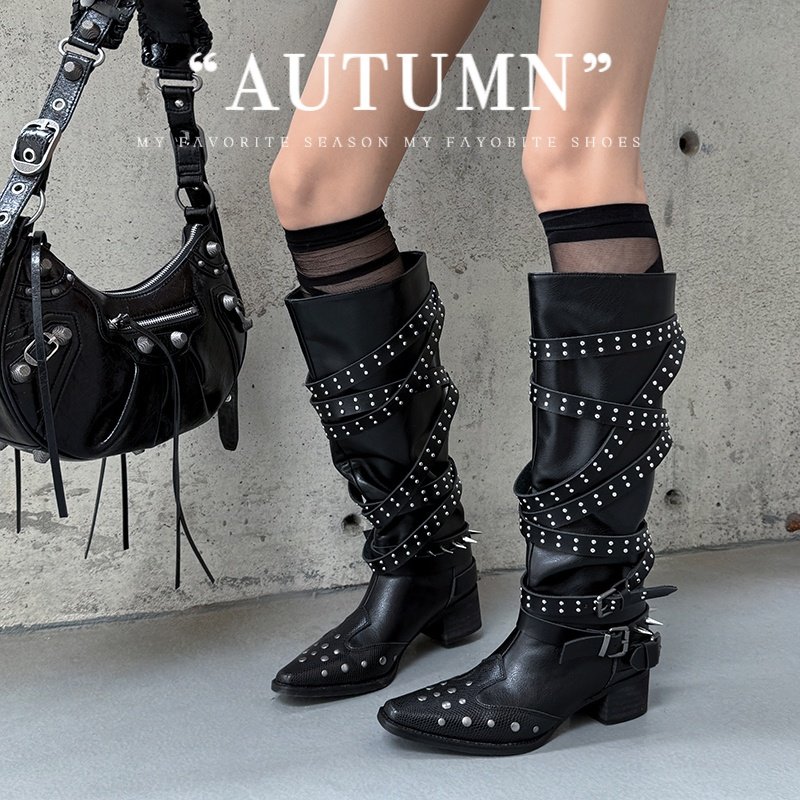 2025新款褶皱西部牛仔靴女尖头V口显瘦粗跟短靴铆钉马丁靴骑士靴,淘宝优惠券,粉丝福利购,淘宝优惠卷