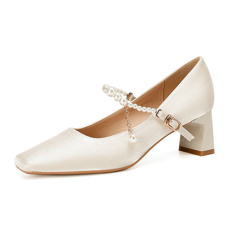 法式绸缎面粗跟玛丽珍方头单鞋女高跟鞋主婚纱婚鞋新娘鞋日常可穿,淘宝优惠券,粉丝福利购,淘宝优惠卷