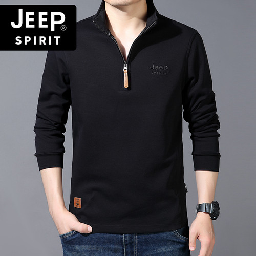 JEEP吉普长袖t恤春秋休闲polo衫宽松男士棉质冬季红色立领打底衫 - 图0