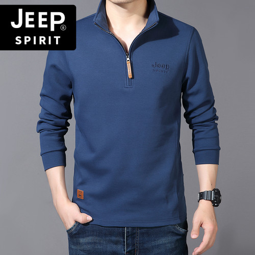 JEEP吉普长袖t恤春秋休闲polo衫宽松男士棉质冬季红色立领打底衫 - 图1