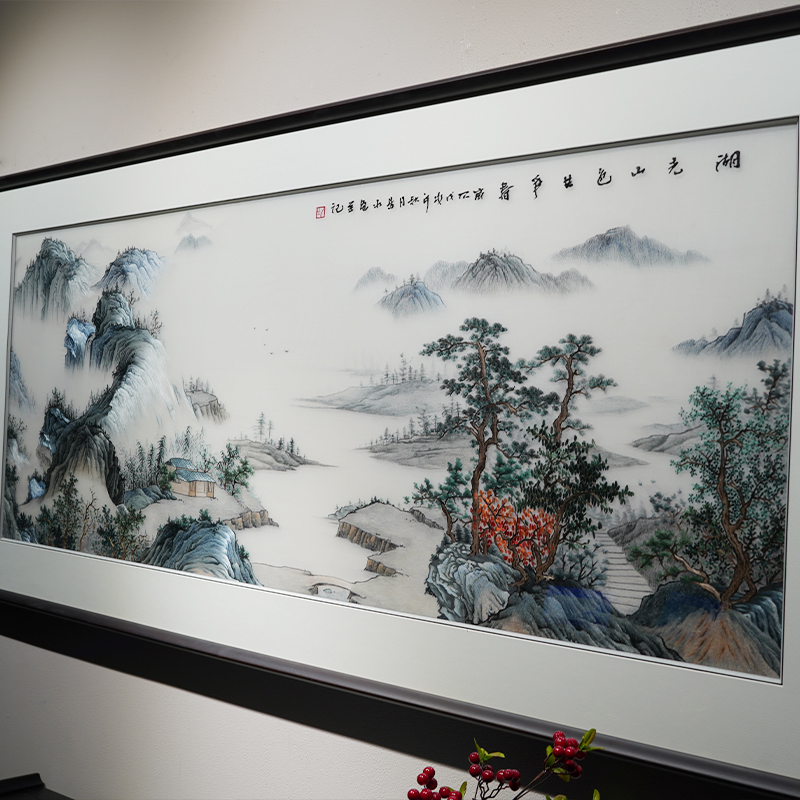 国画高端中式山水风景手工刺绣苏绣沙发电视背景墙客厅装饰画成品