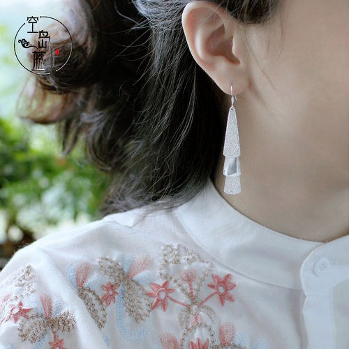 空岛蓝925银文艺新中式复古风扇片耳环优雅气质民族风耳坠耳夹女 - 图1