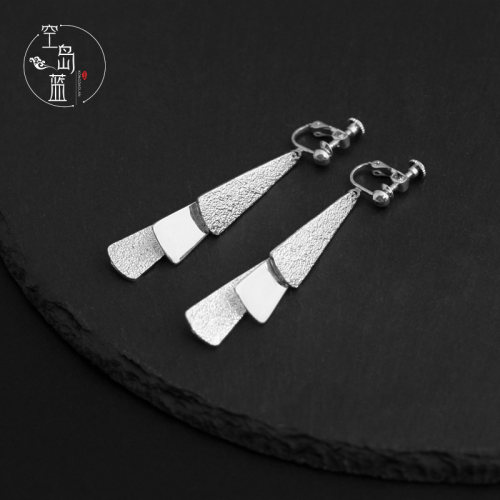 空岛蓝925银文艺新中式复古风扇片耳环优雅气质民族风耳坠耳夹女 - 图0