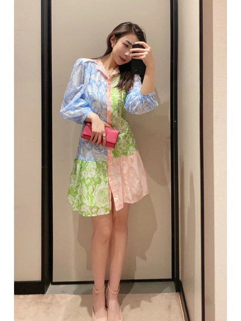 Contrast color splicing floral mid-length skirt French style 2024 spring and summer new style waisted three-quarter sleeve dress for women