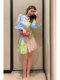 Contrast color splicing floral mid-length skirt French style 2024 spring and summer new style waisted three-quarter sleeve dress for women