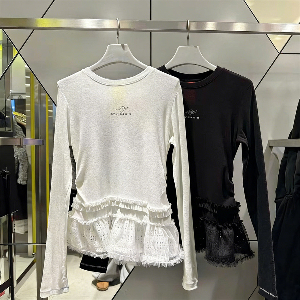 简约通勤风蕾丝拼接长袖T恤女白色圆领层次感上衣,淘宝优惠券,粉丝福利购,淘宝优惠卷