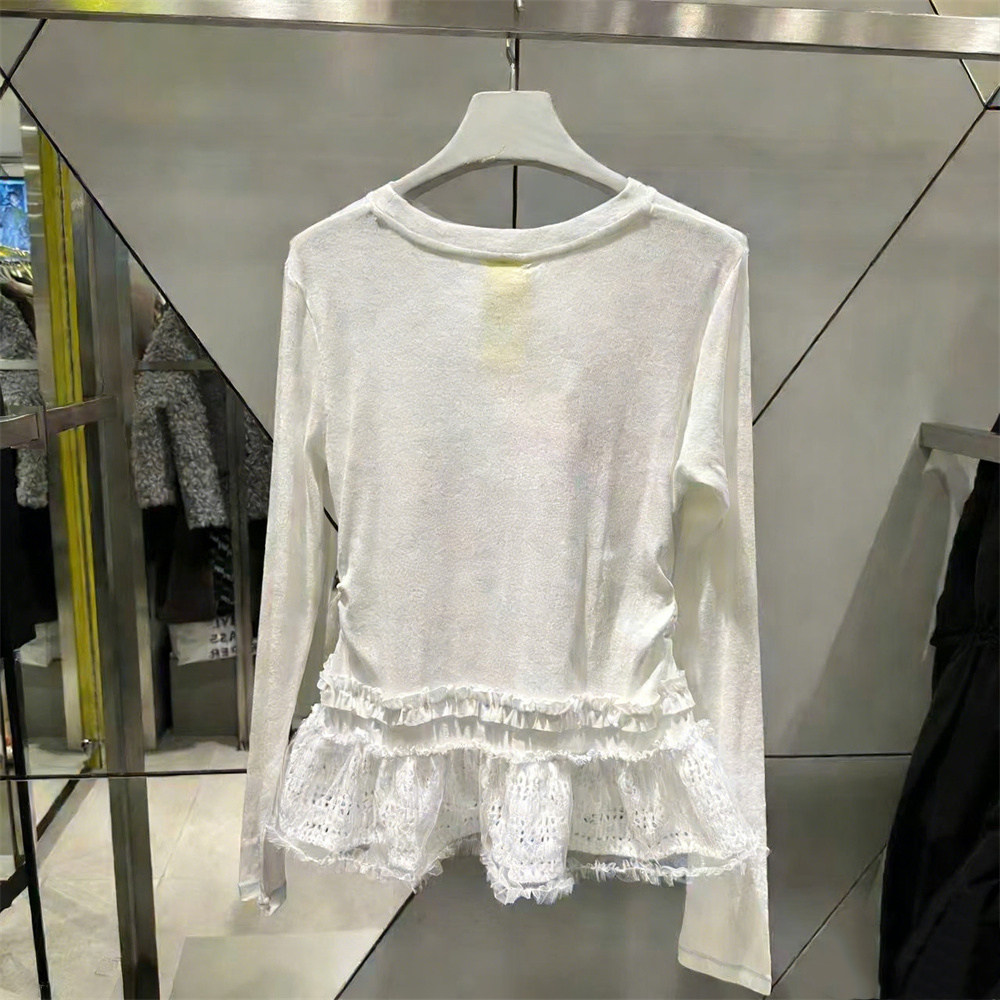 简约通勤风蕾丝拼接长袖T恤女白色圆领层次感上衣,淘宝优惠券,粉丝福利购,淘宝优惠卷