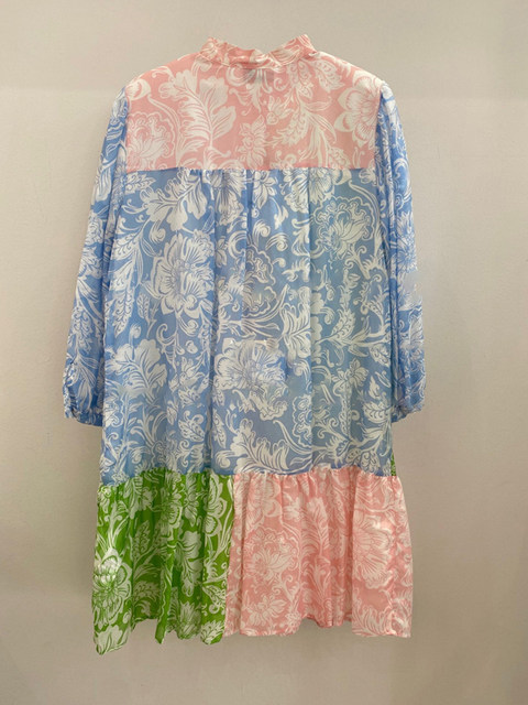 Contrast color splicing floral mid-length skirt French style 2024 spring and summer new style waisted three-quarter sleeve dress for women