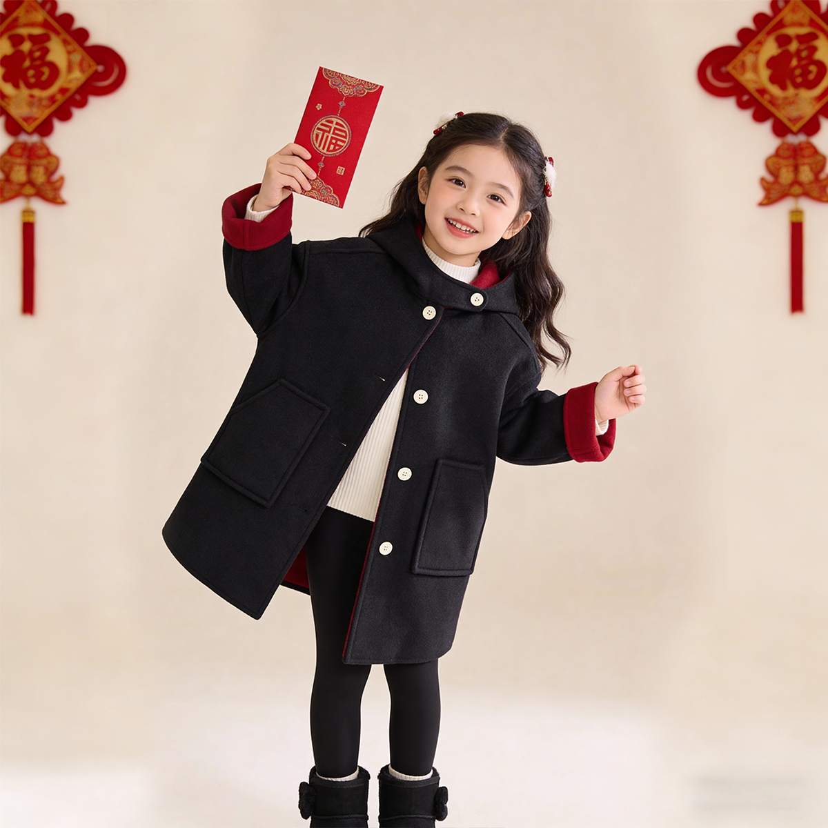 女童韩版双面穿中长款毛呢外套秋冬2026新儿童洋气红色大衣拜年服,淘宝优惠券,粉丝福利购,淘宝优惠卷