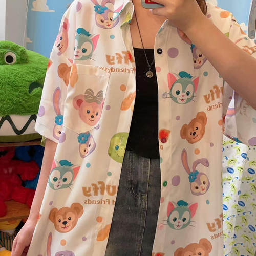 自制 夏日多巴胺七宝满印可爱oversize纯棉衬衫男女短袖bf风上衣 - 图0