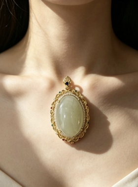 天然和田玉吊坠女款s925银伴钻石宝石镶嵌藕粉玉石项链送礼物女神