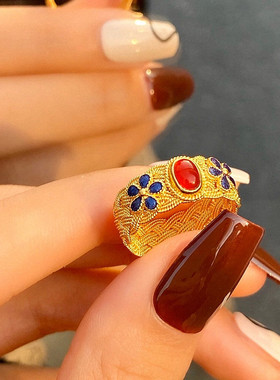 花丝龙凤华戒指 女纯银镀黄金色手工花丝珐琅指环新中式婚戒国风