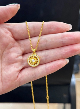 太阳图腾项链 女纯银镀18K黄金色镶钻圆牌太阳花锁骨链高级设计潮
