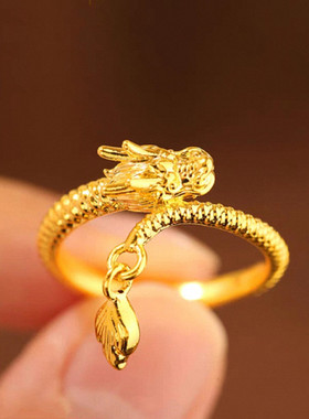 神龙摆尾龙戒指 女纯银镀黄金色龙形生肖龙开口食指戒中国风个性