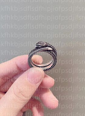 复古灵蛇戒指 纯银925立体做旧染黑生肖蛇指环男女情侣对戒个性潮